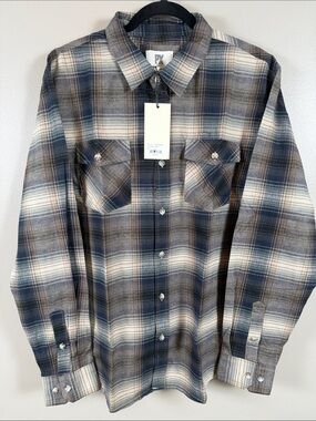 PX Men’s Blue & Brown Plaid Flannel Button-Up Shirt
